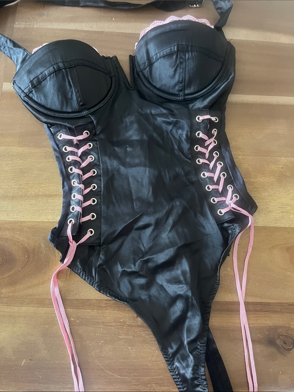 Forplay Black Bodysuit with Pink Lace-Up Sides